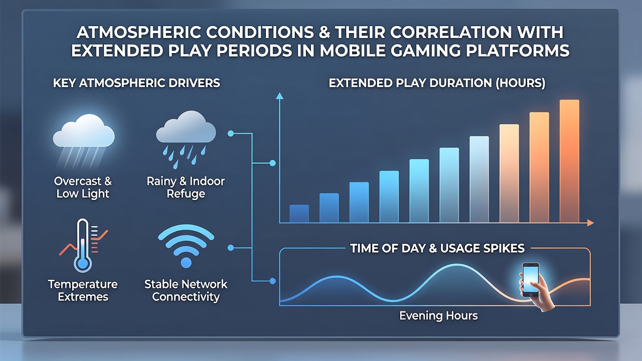Graph overlay showing atmospheric data points aligned with mobile gaming session lengths over several weeks
