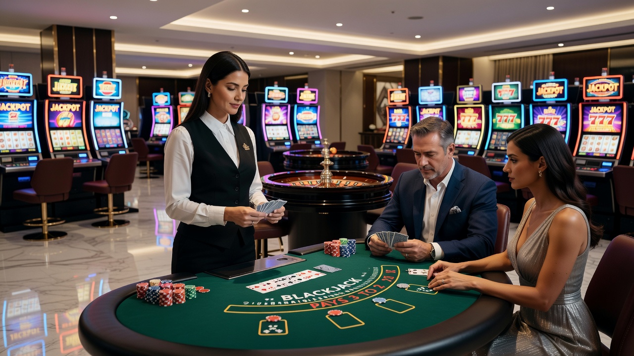 Close-up view of digital slot machines and live dealer setups in a modern casino environment