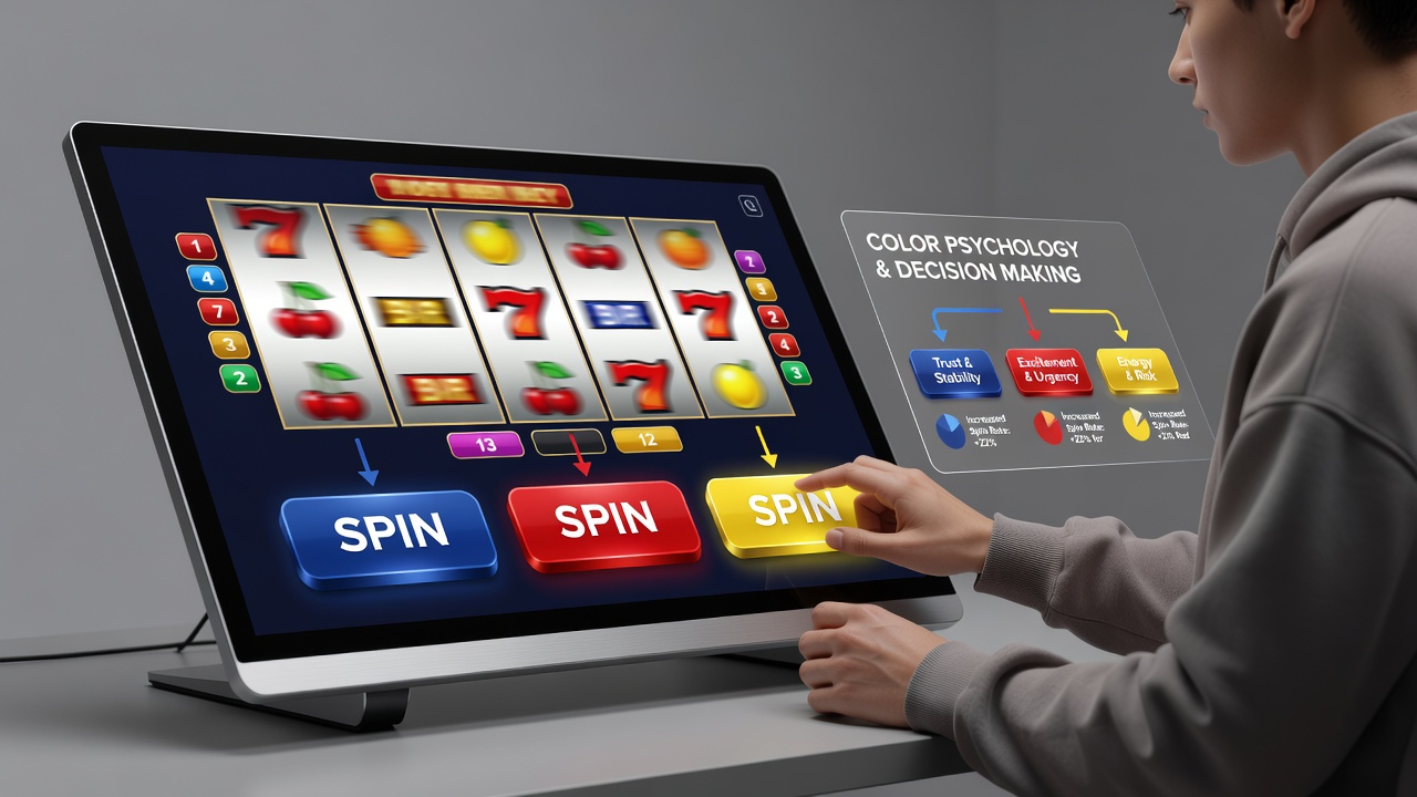 Split view of two slot game screens comparing red-dominant versus blue-dominant color schemes and their layout effects