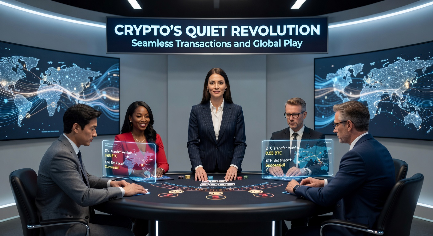 Live dealer at a blackjack table with cryptocurrency wallet interface overlay, showing instant transaction confirmations on screen