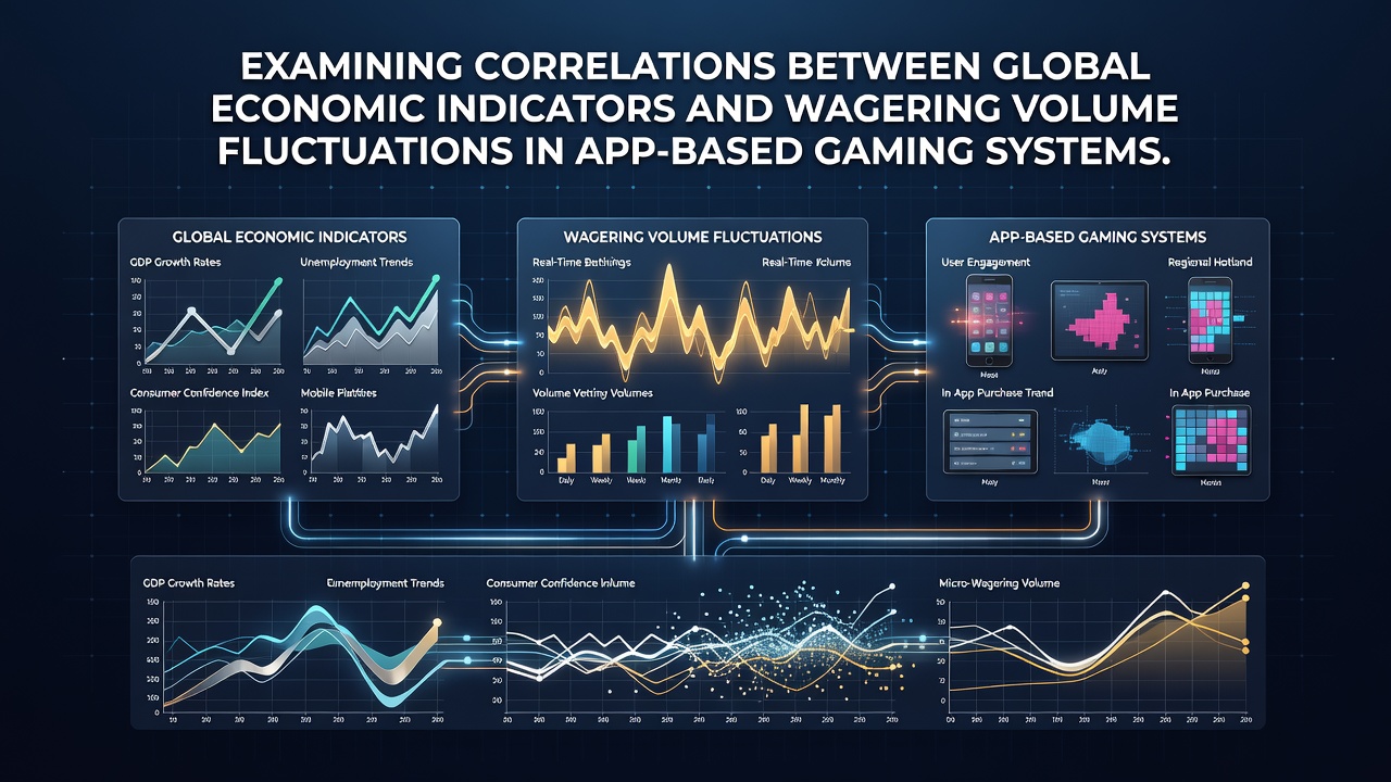 Global economic charts overlaid with mobile gaming app interfaces showing wagering trends