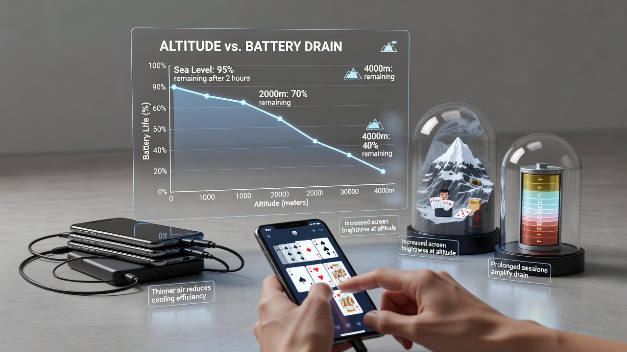Mobile device displaying virtual card game interface at high elevation with battery indicator visible
