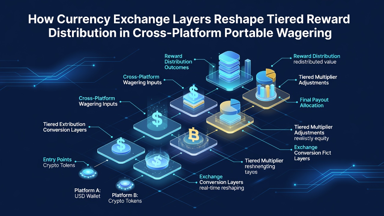 Diagram showing cross-platform data flow and reward adjustments driven by currency exchange protocols