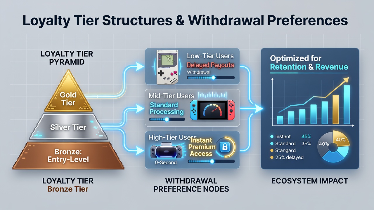 Infographic showing loyalty tier benefits mapped to different withdrawal methods in a portable gaming app