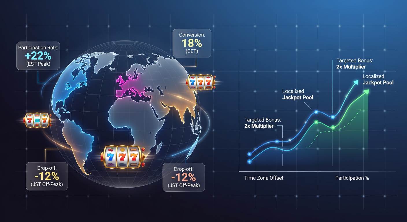 Digital slot tournament interface displaying global time zone adjustments adn player participation metrics