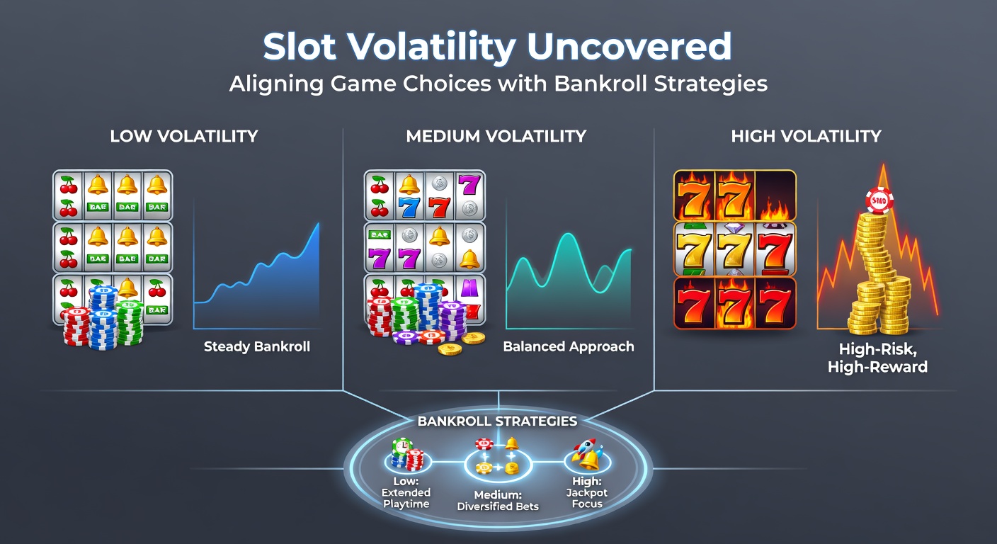 Vibrant slot machine reels spinning with high and low volatility payout charts overlaid, illustrating win frequency versus size
