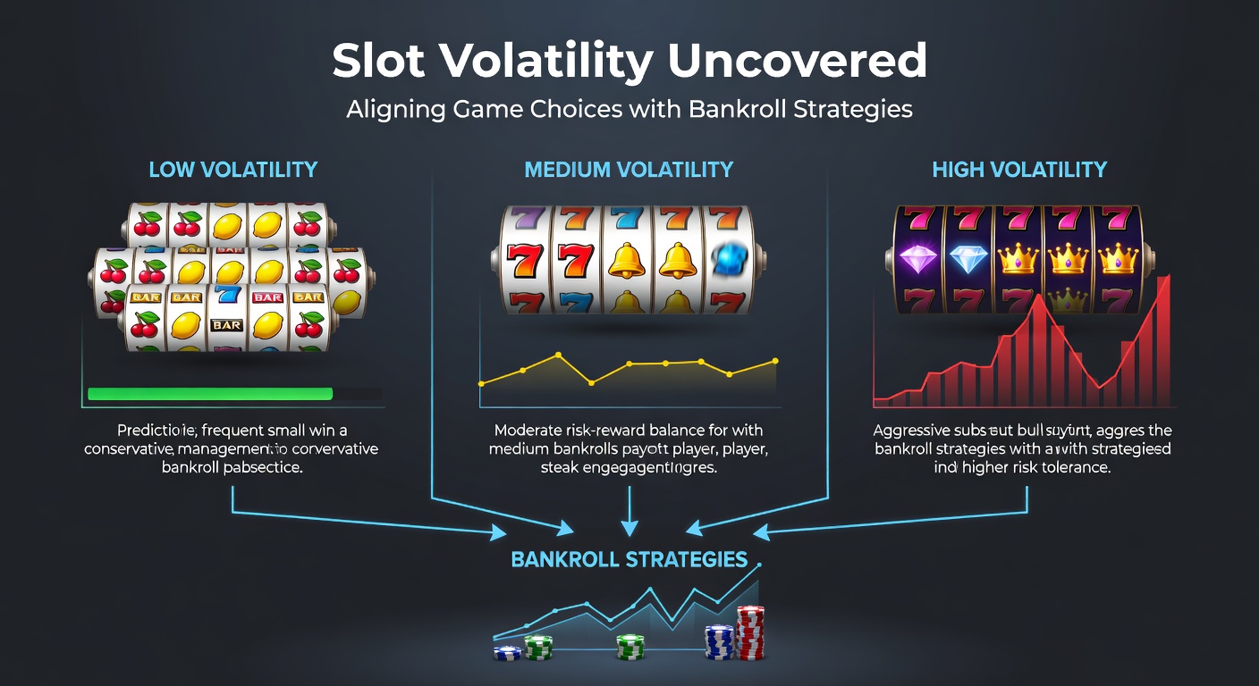 Player at a casino slot bank reviewing bankroll chart on phone next to high-volatility game screen, showing strategy alignment