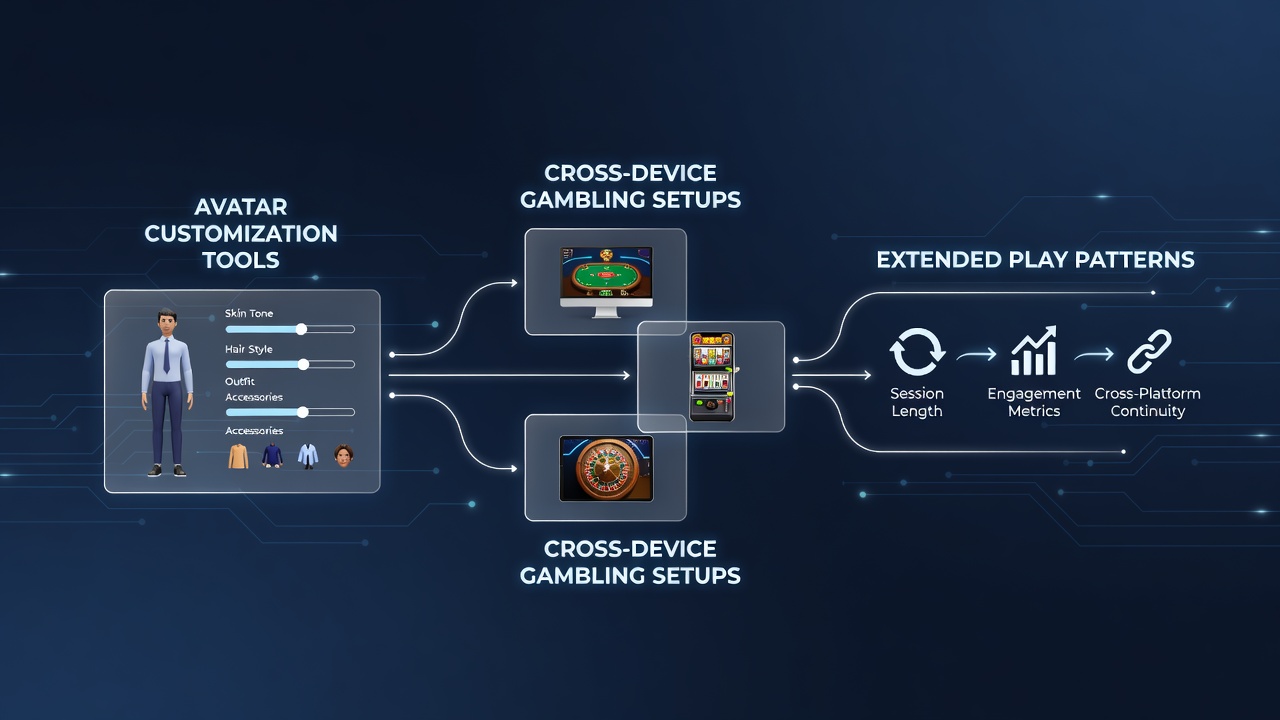 Illustration of avatar customization interface in a cross-device gambling application showing user profile options on mobile and desktop screens