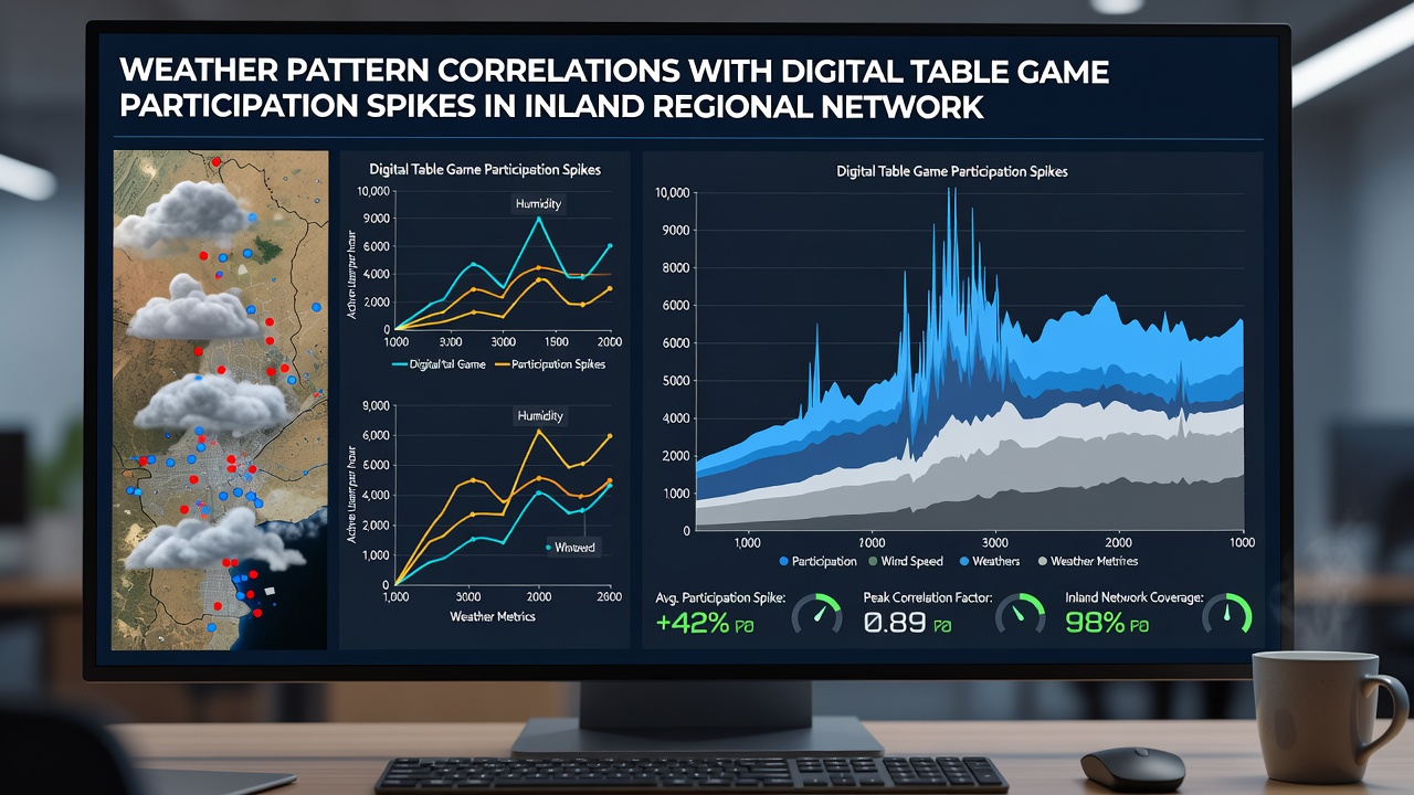 Data visualization charts showing participation spikes aligned with precipitation and temperature records across inland gaming regions